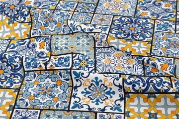 Mavi Sarı Lacivert Turuncu Renkli Çini Desenli Dijital Baskılı Kumaş(SONBAHAR İNDİRİMİ)