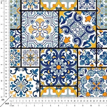 Mavi Sarı Lacivert Turuncu Renkli Çini Desenli Dijital Baskılı Kumaş(SONBAHAR İNDİRİMİ)