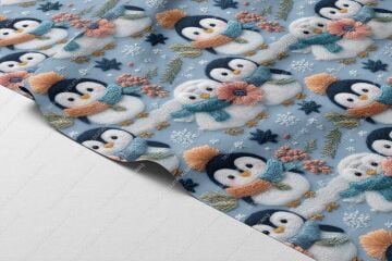 3D Sevimli Penguenler Kış Temalı Dijital Baskı Kumaş – Polyester Dekoratif Kumaş