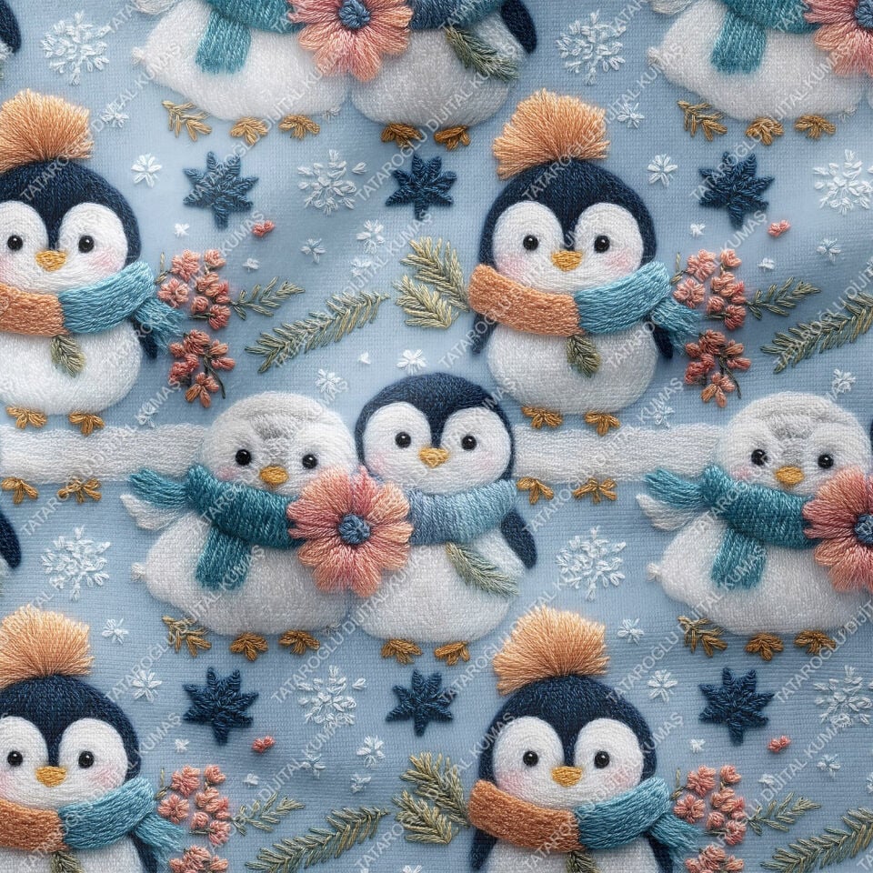3D Sevimli Penguenler Kış Temalı Dijital Baskı Kumaş – Polyester Dekoratif Kumaş