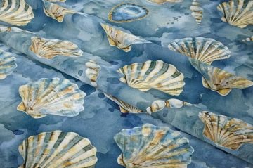 Mavi Altın Deniz Kabukları Kumaşı