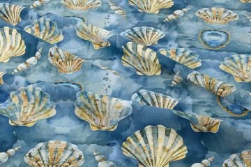 Mavi Altın Deniz Kabukları Kumaşı