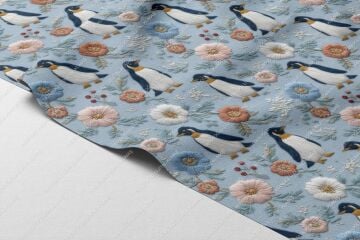 3D Nakış Desenli Penguen ve Çiçekler – Dijital Baskı Polyester Kumaş