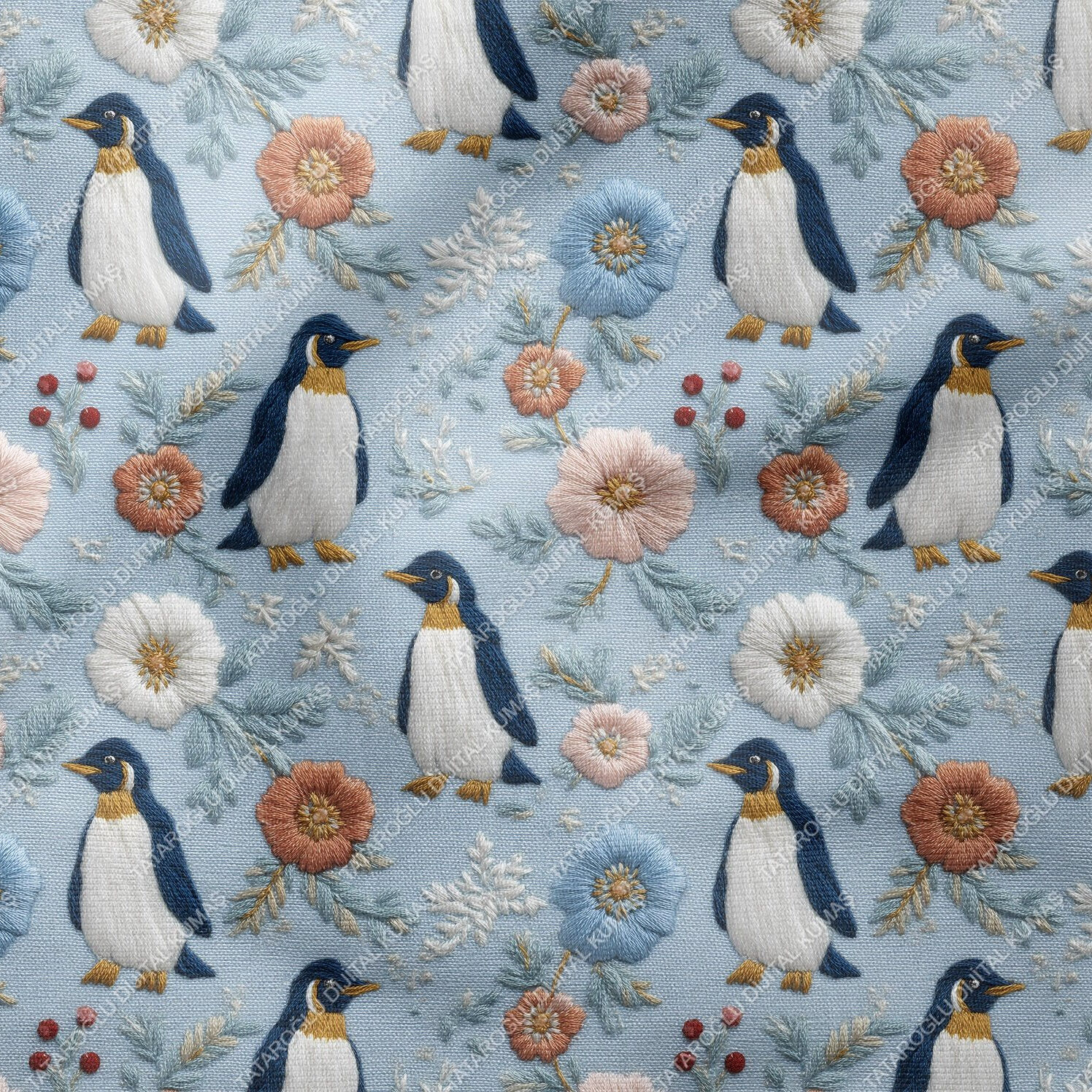 3D Nakış Desenli Penguen ve Çiçekler – Dijital Baskı Polyester Kumaş