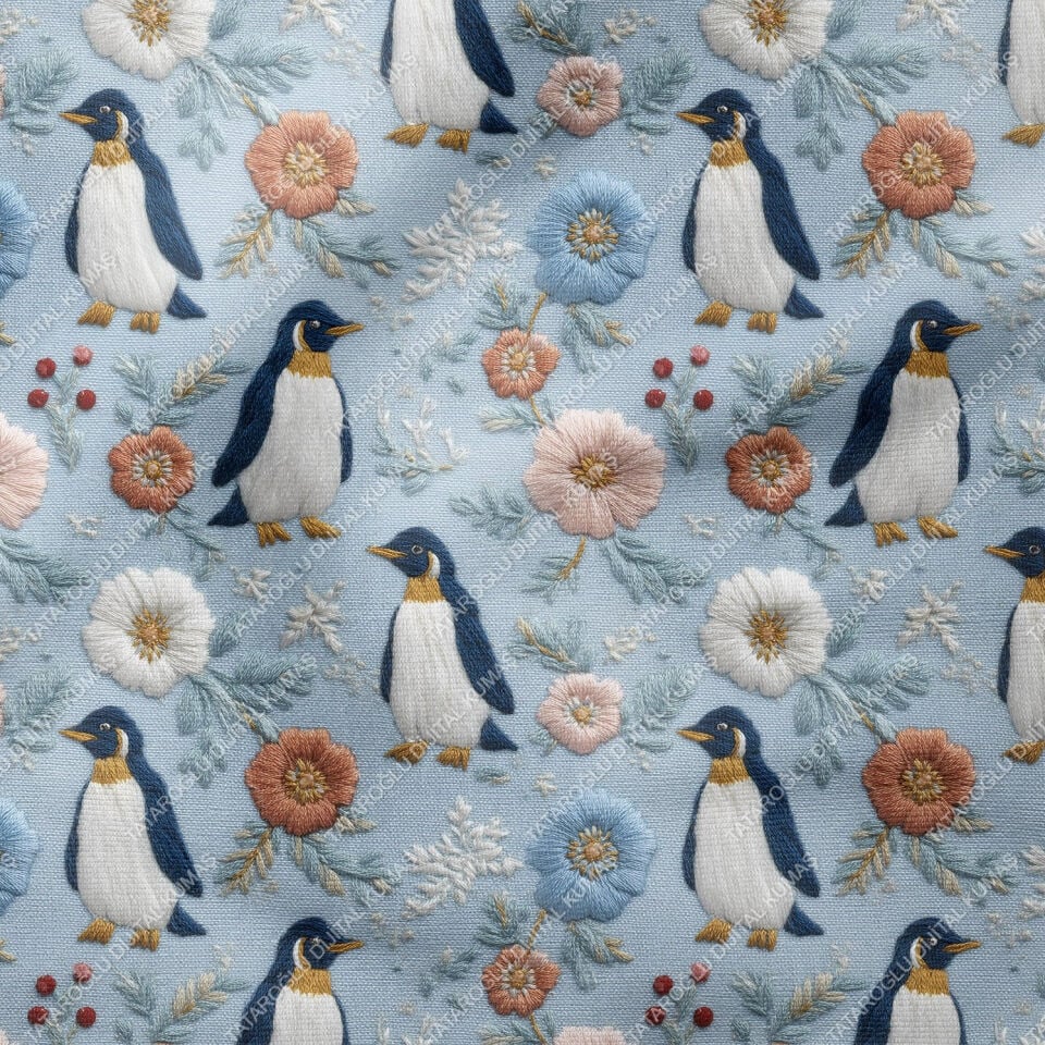 3D Nakış Desenli Penguen ve Çiçekler – Dijital Baskı Polyester Kumaş