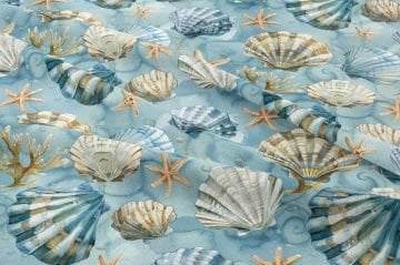 Yaz Koleksiyonu Vintage Mavi Deniz Kabukları Çok Amaçlı Dekoratif Dijital Baskı Kumaş
