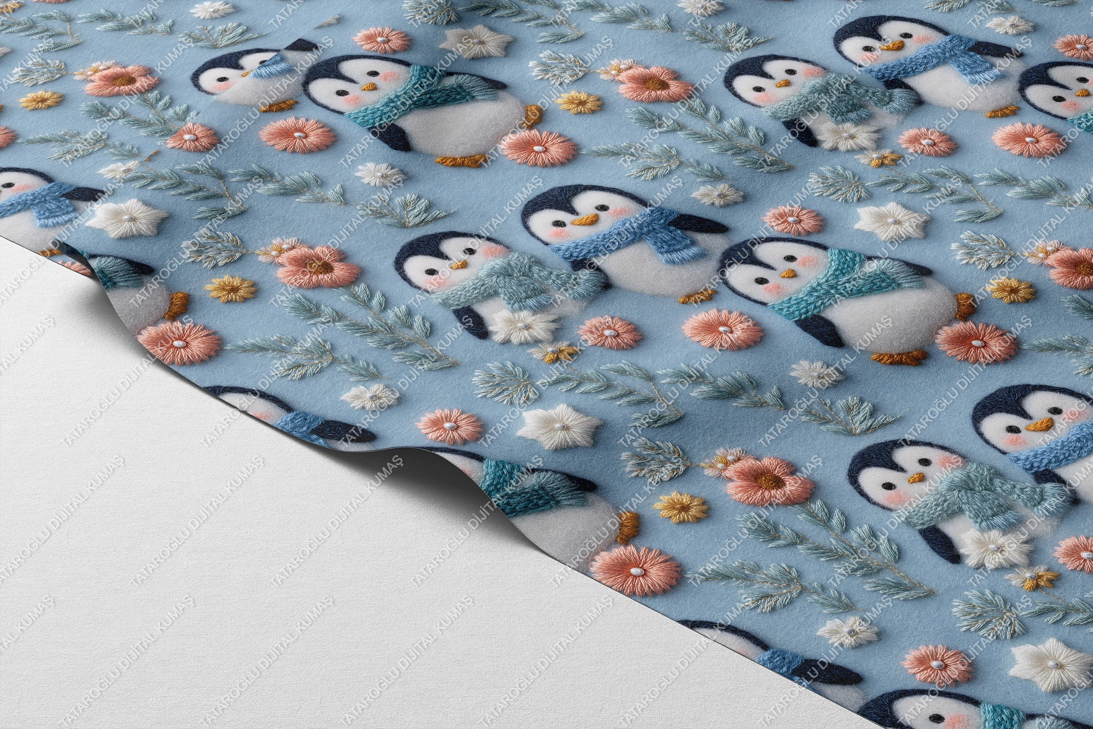 3D Atkılı Sevimli Penguenler Dijital Baskı Kumaş – Mavi Kış Temalı Polyester