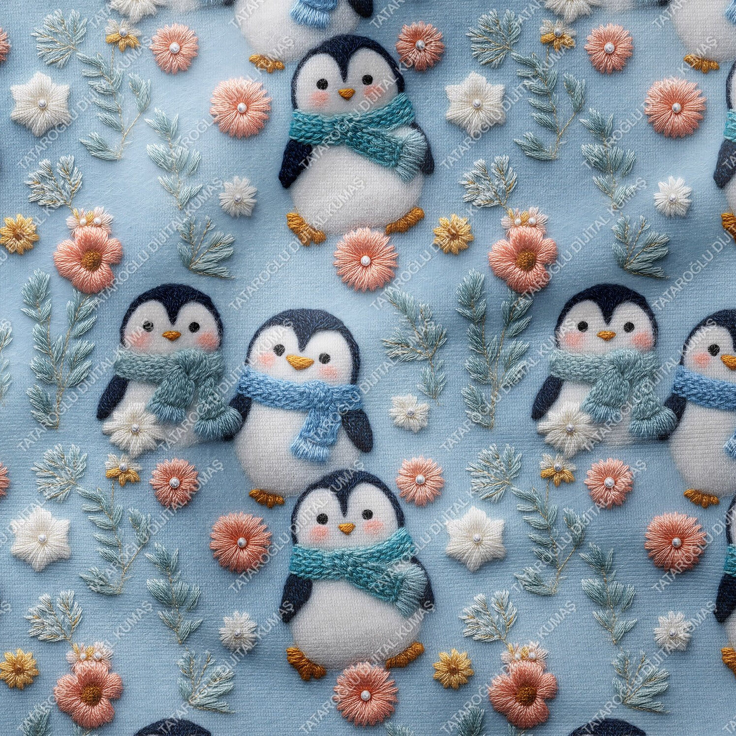 3D Atkılı Sevimli Penguenler Dijital Baskı Kumaş – Mavi Kış Temalı Polyester