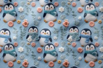 3D Atkılı Sevimli Penguenler Dijital Baskı Kumaş – Mavi Kış Temalı Polyester