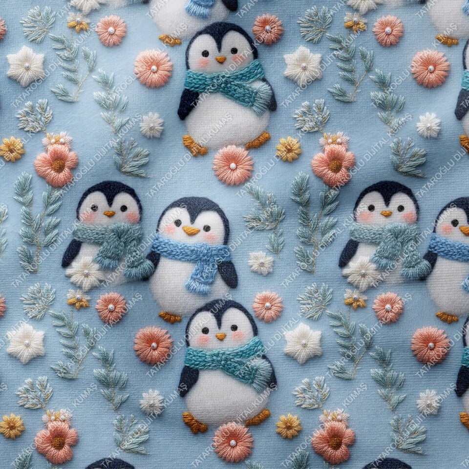 3D Atkılı Sevimli Penguenler Dijital Baskı Kumaş – Mavi Kış Temalı Polyester