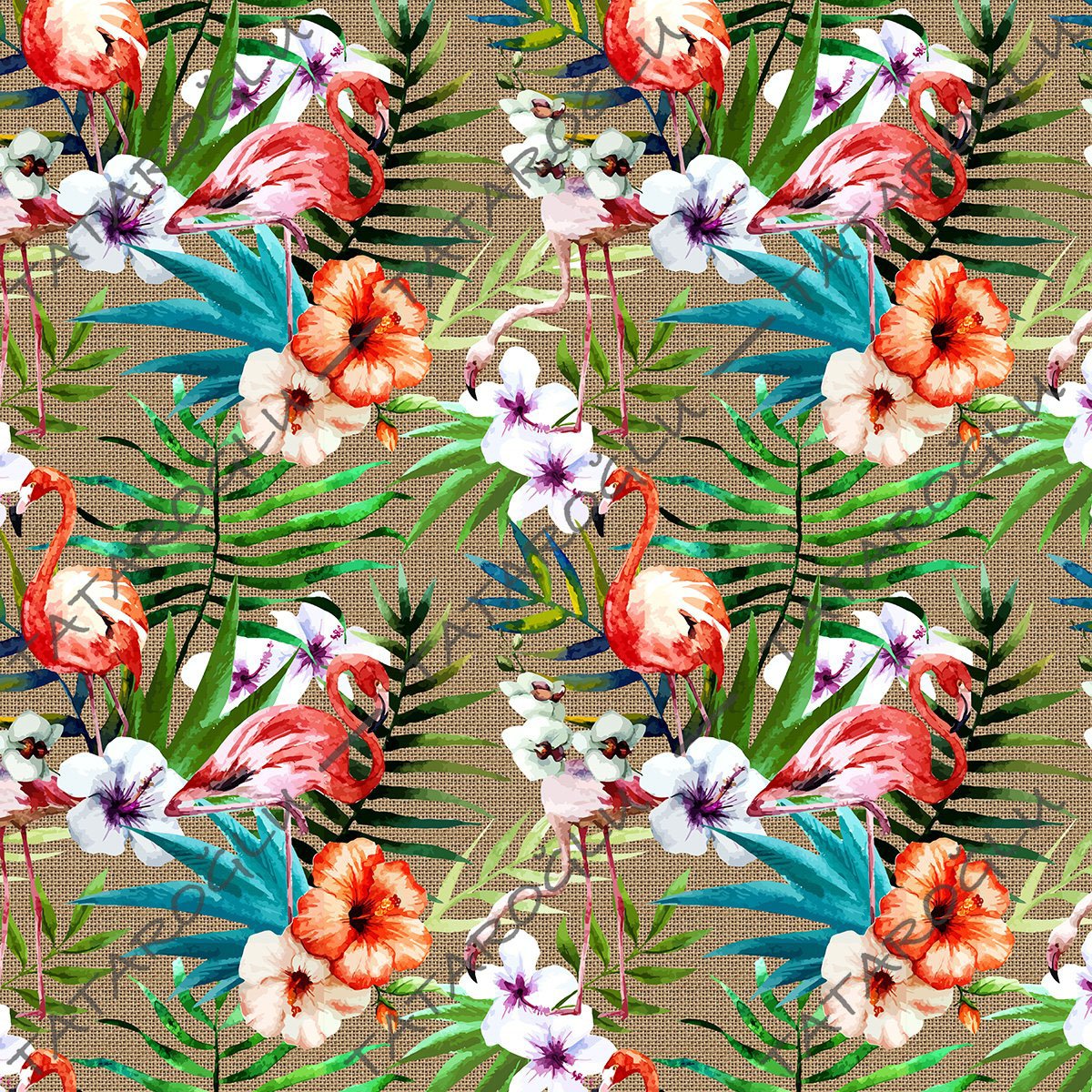 Tropical Series-Floral Flamingo Digital Printed Fabric on Jute-Looking Background