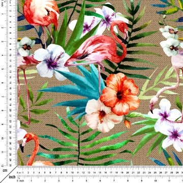 Tropical Series-Floral Flamingo Digital Printed Fabric on Jute-Looking Background