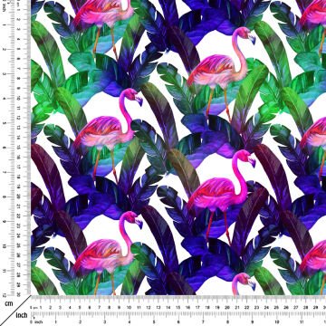 Tropikal Serisi-Mor Zeminli Flamingo Dijital Baskılı Kumaş