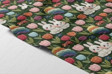 3D Sevimli Tavşan ve Çiçek Desenli Dijital Baskı Kumaş – Dekoratif Polyester Kumaş