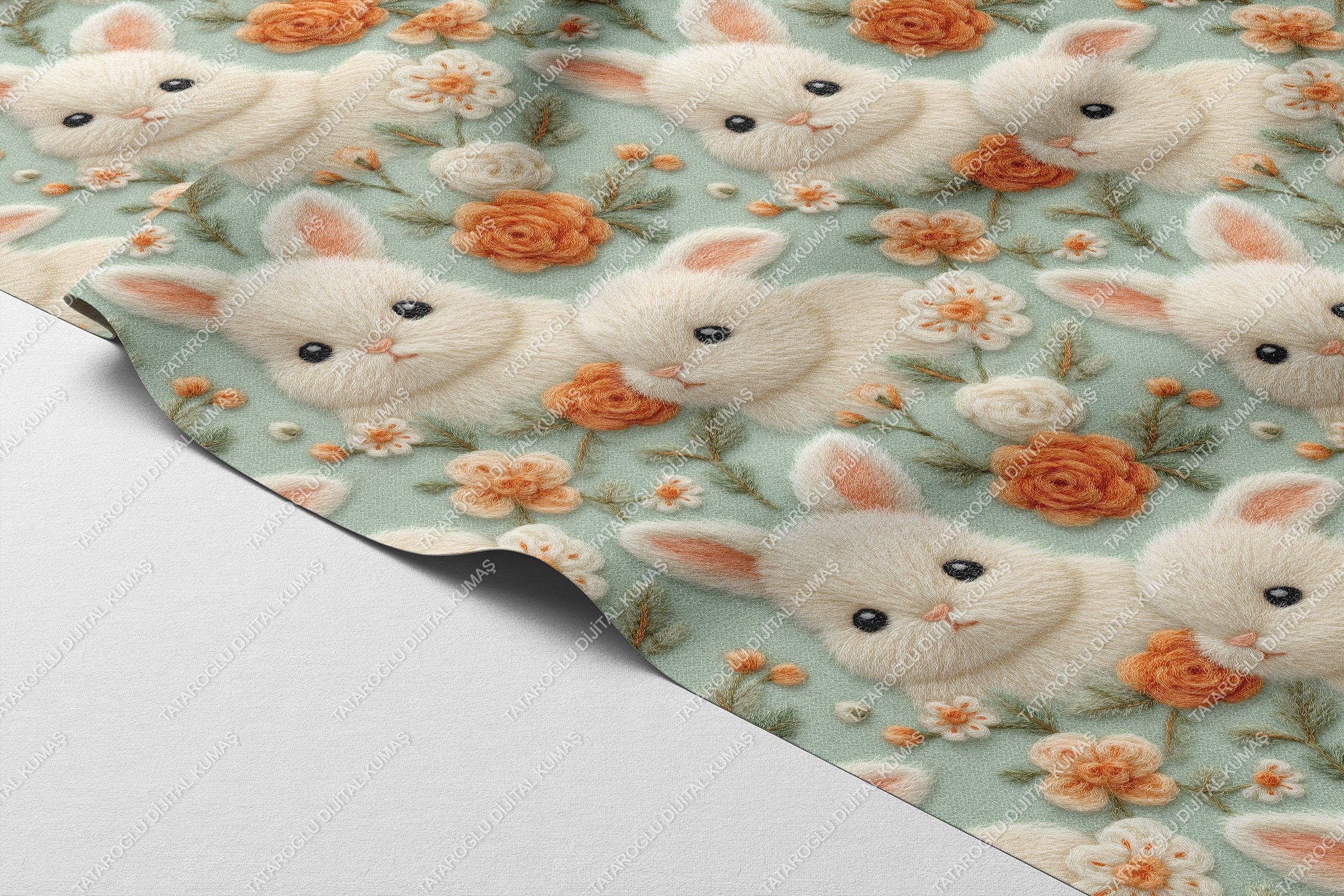3D Sevimli Tavşanlar ve Çiçekler – Dijital Baskı Polyester Kumaş