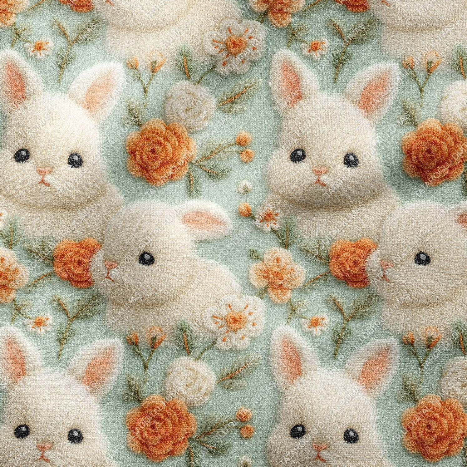 3D Sevimli Tavşanlar ve Çiçekler – Dijital Baskı Polyester Kumaş