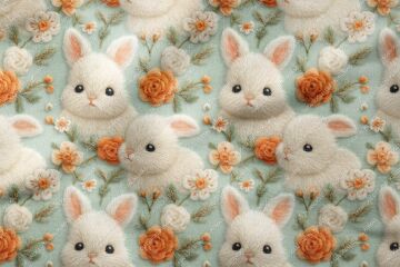3D Sevimli Tavşanlar ve Çiçekler – Dijital Baskı Polyester Kumaş