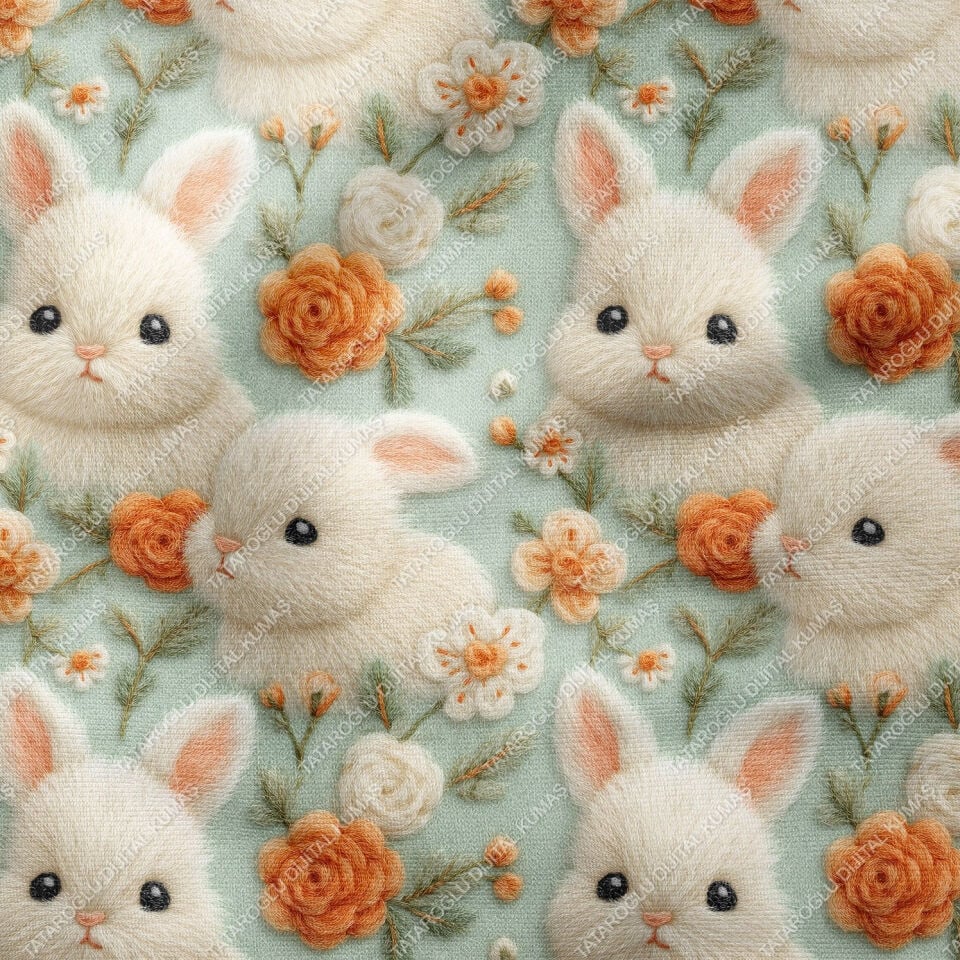 3D Sevimli Tavşanlar ve Çiçekler – Dijital Baskı Polyester Kumaş