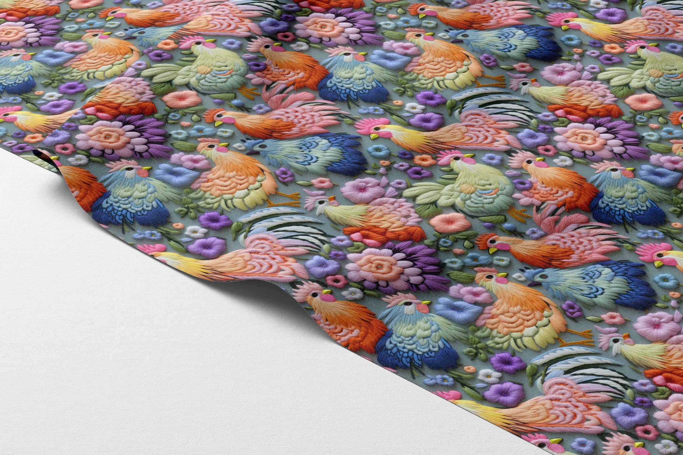 3D Renkli Tavuk ve Çiçek Desenli Dijital Baskılı Polyester Kumaş