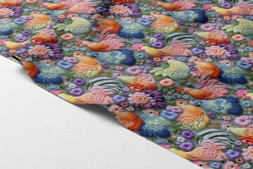 3D Renkli Tavuk ve Çiçek Desenli Dijital Baskılı Polyester Kumaş