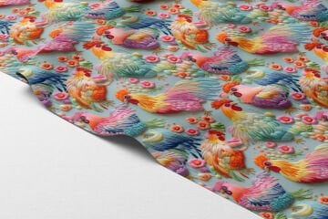 3D Renkli Horoz ve Çiçekler – Nakış Efektli Dijital Baskı Kumaş