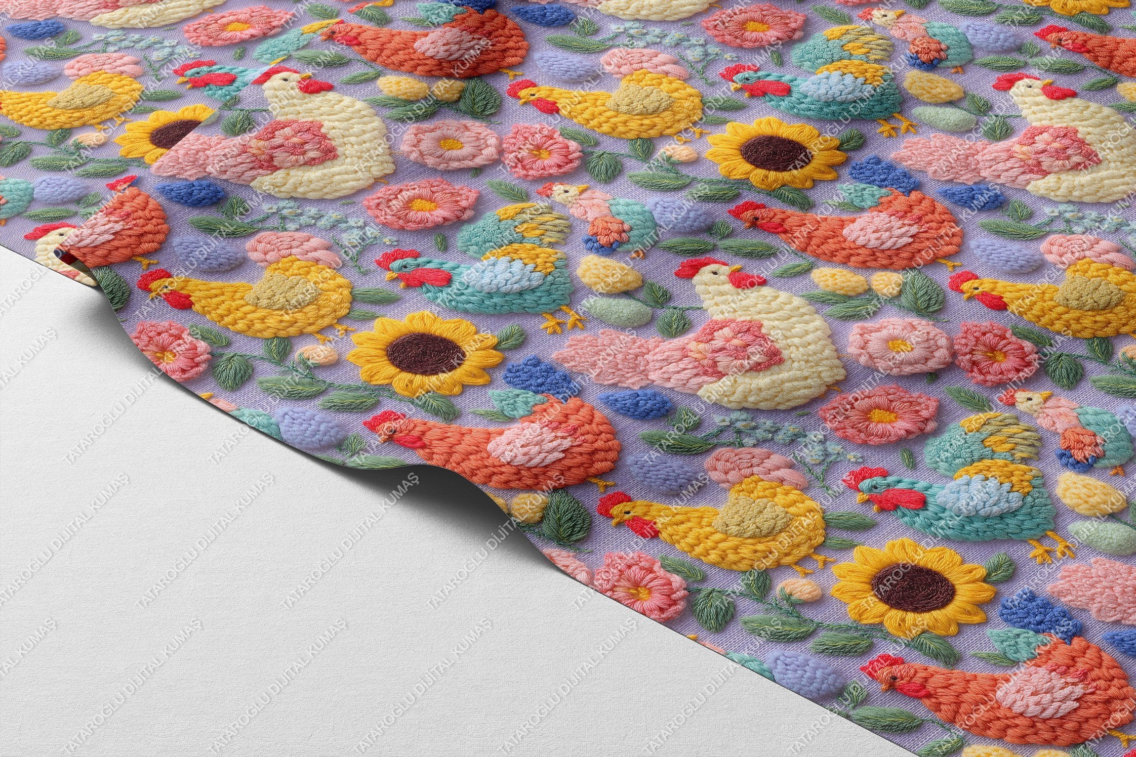 3D Pastel Horoz ve Ayçiçeği Kumaş – Nakış Efektli Dijital Baskı Polyester Kumaş