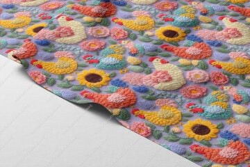 3D Pastel Horoz ve Ayçiçeği Kumaş – Nakış Efektli Dijital Baskı Polyester Kumaş