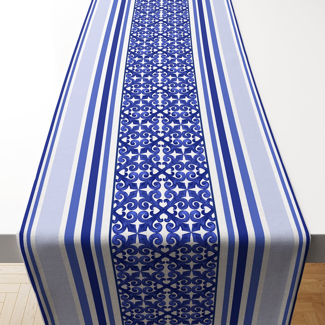 Malibu Koleksiyonu - Mavi Çizgili Etnik Runner Kumaş Paneli Dikilmemiş