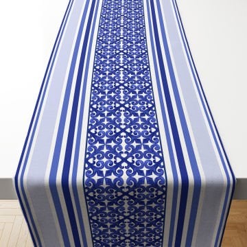 Malibu Koleksiyonu - Mavi Çizgili Etnik Runner Kumaş Paneli Dikilmemiş