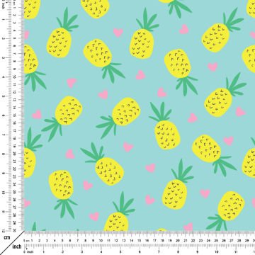 Nil Yeşili Zemin Üzerine Pembe Kalpli Ananas Dijital Baskılı Kumaş