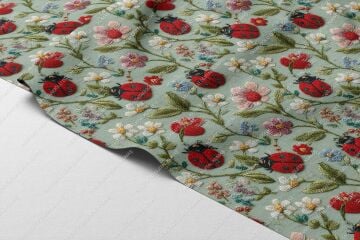 3D Uğur Böceği ve Çiçek Desenli Dijital Baskı Kumaş