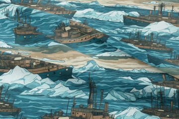 Yaz Koleksiyonu Vintage Dalgalar ve Buzdağları İçinde Sevimli Gemiler, Yelkenli Çok Amaçlı Dekoratif Dijital Baskı Kumaş