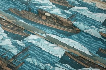 Yaz Koleksiyonu Vintage Dalgalar ve Buzdağları İçinde Sevimli Gemiler, Yelkenli Çok Amaçlı Dekoratif Dijital Baskı Kumaş