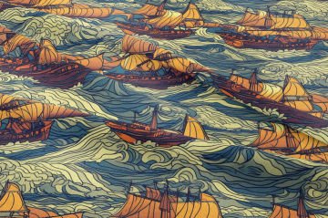 Yaz Koleksiyonu Vintage Deniz ve Dalgalar İçinde Sevimli Gemiler, Yelkenli Çok Amaçlı Dekoratif Dijital Baskı Kumaş