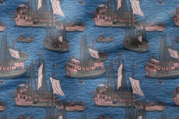 Yaz Koleksiyonu Vintage Deniz ve Dalgalar İçinde Sevimli Gemiler, Yelkenli Çok Amaçlı Dekoratif Dijital Baskı Kumaş