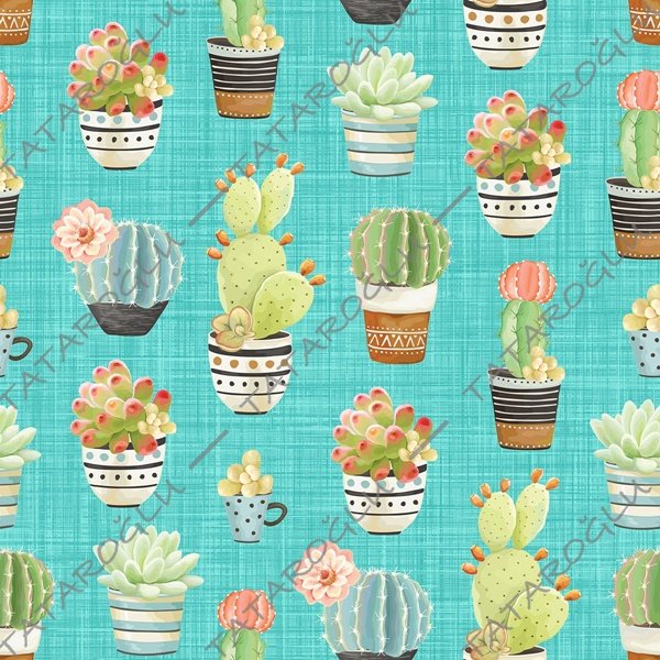 Cactus Series-Cactus Digital Printed Fabric on Turquoise Linen Effect Background