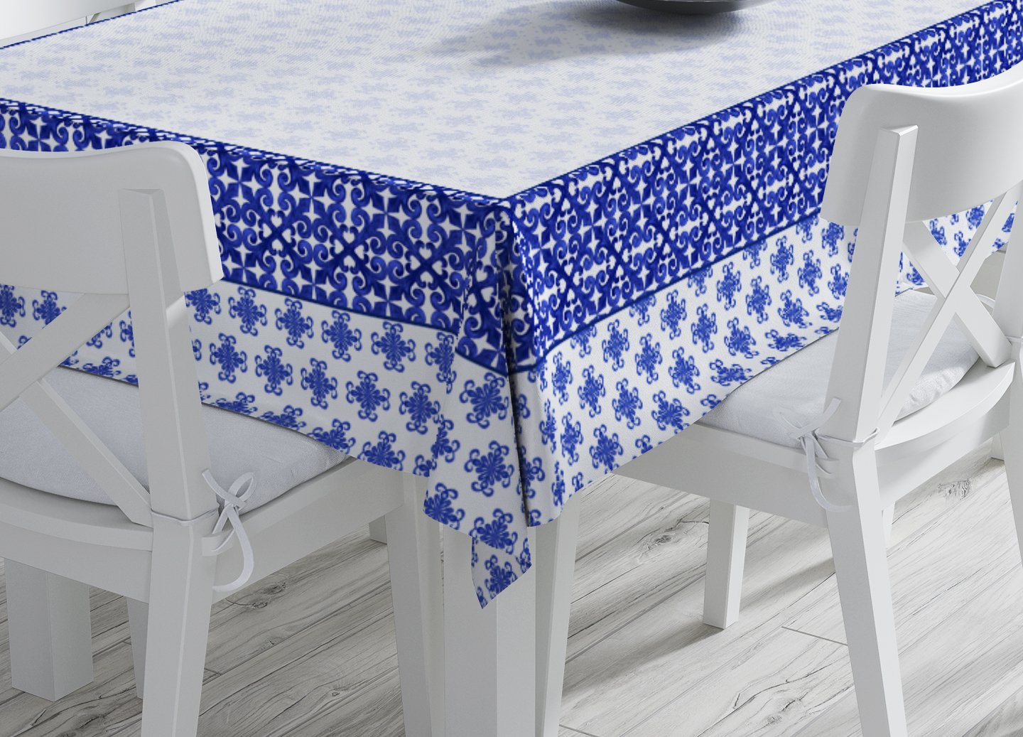 Malibu Koleksiyonu - Mavi Geometrik Etnik Masa Örtüsü Dikişsiz