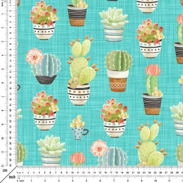 Cactus Series-Cactus Digital Printed Fabric on Turquoise Linen Effect Background