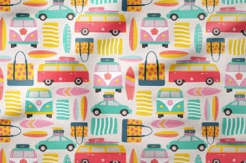 Летняя коллекция Vintage Beach Beetle Микроавтобус, доска для серфинга, пляжная сумка Пыльно-розовый фон Многоцелевая декоративная ткань с цифровой печатью