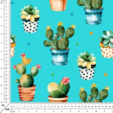 Cactus Series-Digital Printed Fabric with Polka Dot Cactus Pattern on Turquoise Background