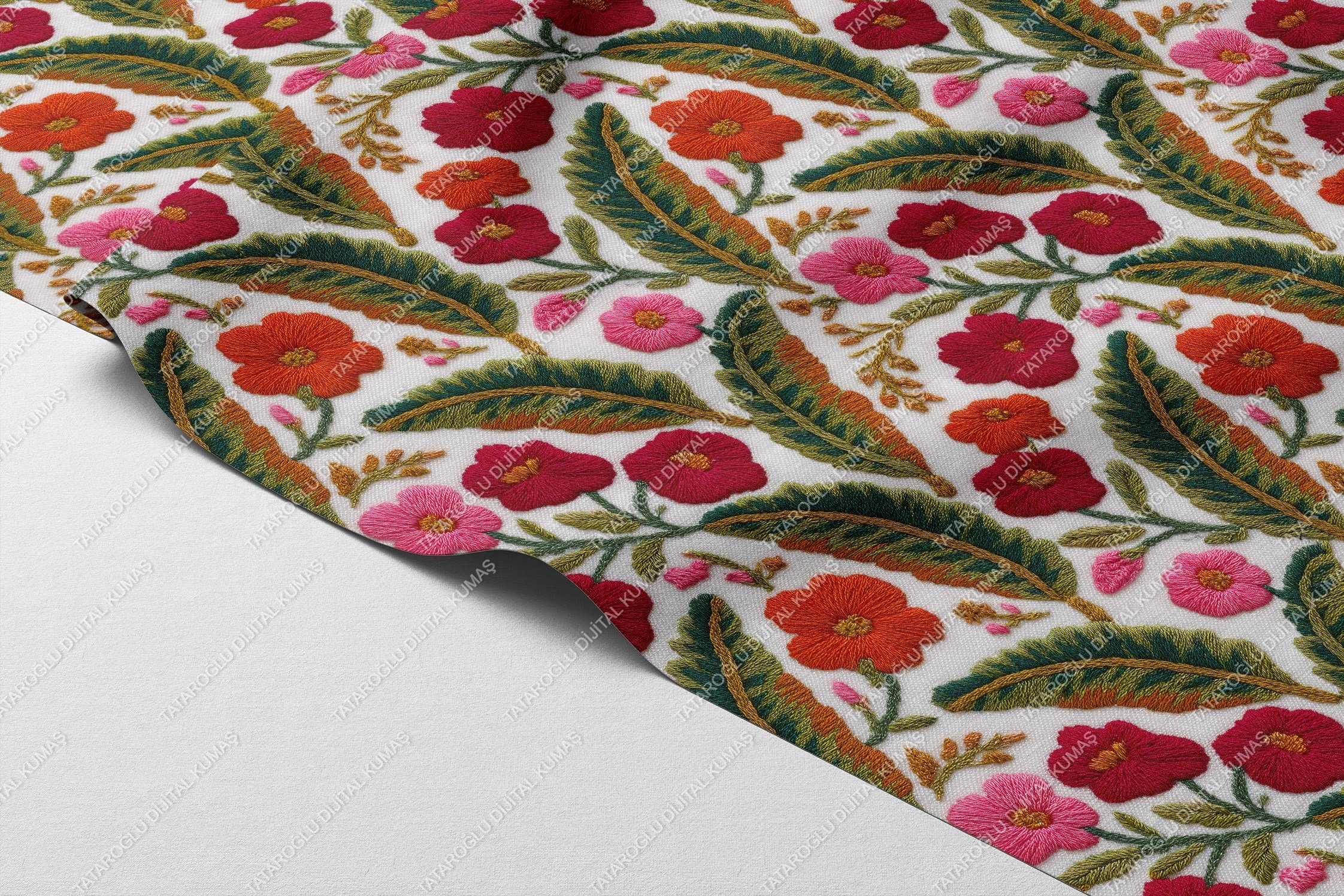 3D Çiçek ve Yaprak Desenli Dijital Baskı Polyester Kumaş