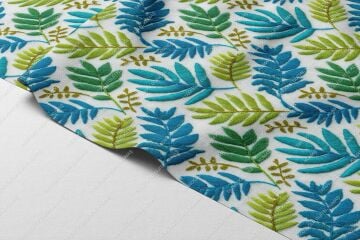 3D Mavi Yeşil Yaprak Desenli Dijital Baskılı Polyester Kumaş – Nakış Efektli Dekoratif Kumaş