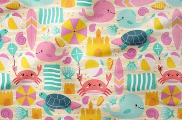 Летняя коллекция Винтажный кремовый полосатый фон Радуга Доски для серфинга, киты, песчаные замки, крабы Многоцелевая декоративная ткань с цифровой печатью