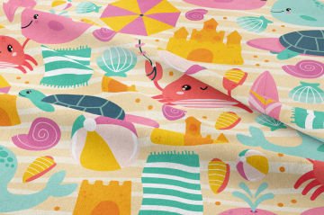 Yaz Koleksiyonu Vintage Krem Çizgili Zeminli Gökkuşağı Sörf Tahtaları, Balinalar, Kumdan Kaleler, Yengeçler Çok Amaçlı Dekoratif Dijital Baskı Kumaş