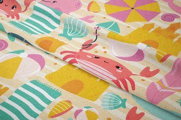 Yaz Koleksiyonu Vintage Krem Çizgili Zeminli Gökkuşağı Sörf Tahtaları, Balinalar, Kumdan Kaleler, Yengeçler Çok Amaçlı Dekoratif Dijital Baskı Kumaş