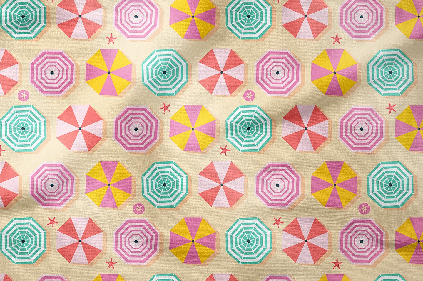 Yaz Koleksiyonu Vintage Krem Zeminli Plaj Şemsiyeleri Desenli Çok Amaçlı Dekoratif Dijital Baskı Kumaş