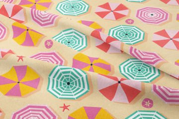 Yaz Koleksiyonu Vintage Krem Zeminli Plaj Şemsiyeleri Desenli Çok Amaçlı Dekoratif Dijital Baskı Kumaş