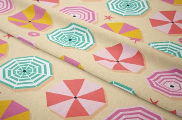 Yaz Koleksiyonu Vintage Krem Zeminli Plaj Şemsiyeleri Desenli Çok Amaçlı Dekoratif Dijital Baskı Kumaş