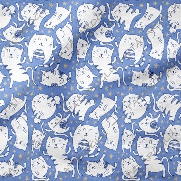 Blue Background Starry Cat Patterned Fabric