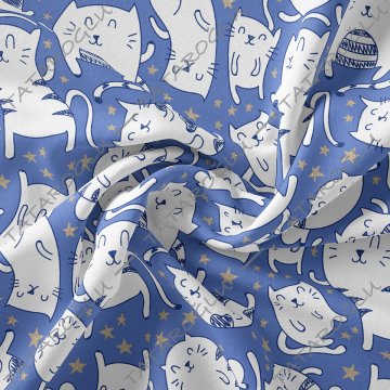 Mavi Zeminli Yıldızlı Kedi Desenli Kumaş